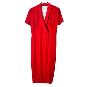 Vtg Maggie London Secretary Dress 12 Midi red Satin Trim Side Slit Button Accent